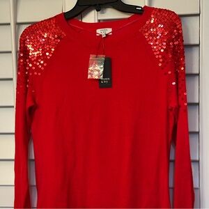 Crown & Ivey Red Sequin Shoulder Crewneck Sweater